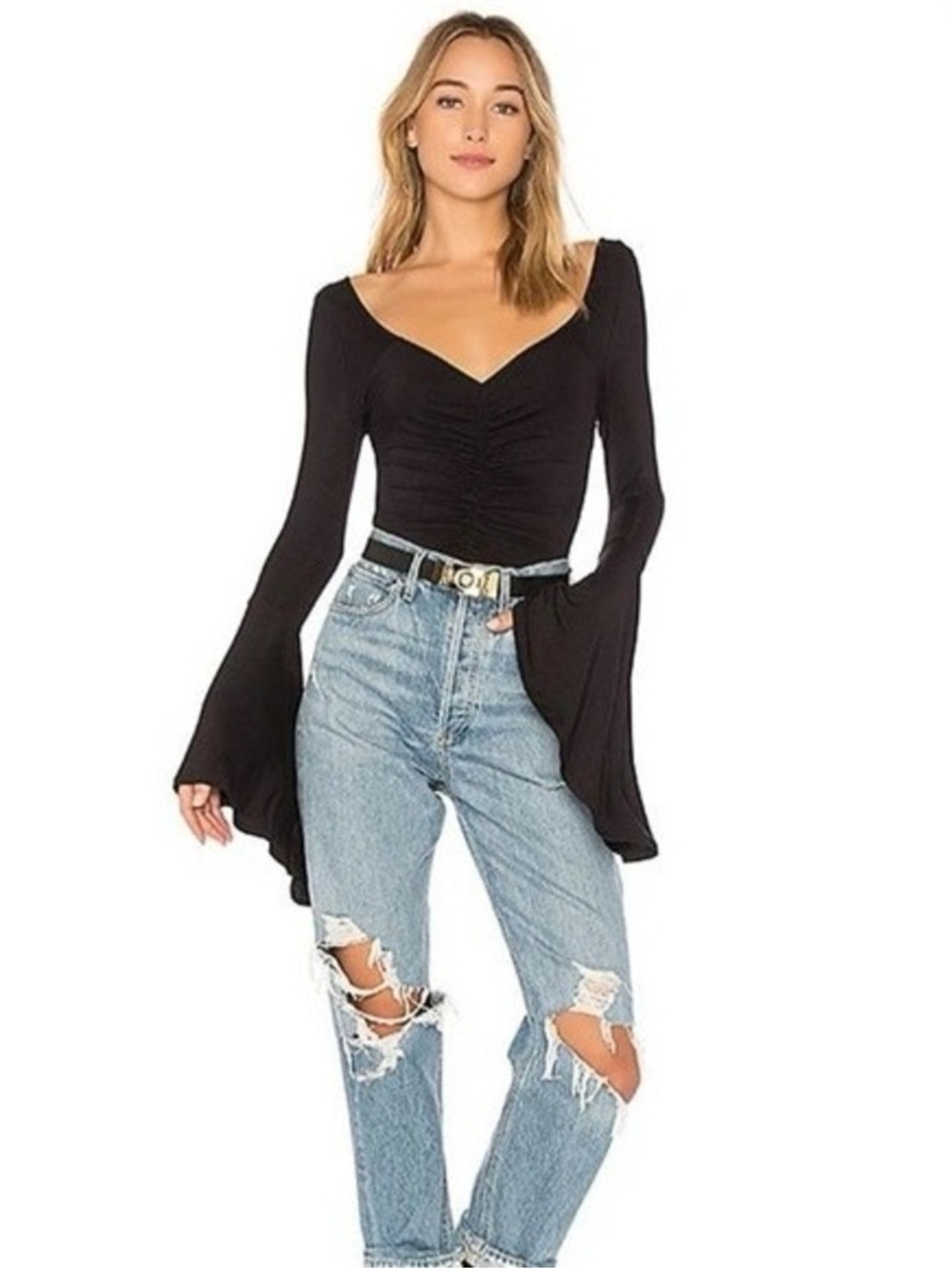 Free People What A Babe Top Black Long-Sleeve V-Neck Medium